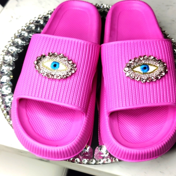 Pink Rhinestone Evil Eye Slides - Picture 5 of 6